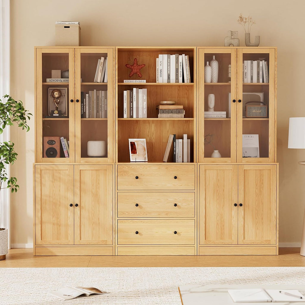 TUSY 71' H Bookshelf with Storage, 6-Tier Modern Bookshelves with 3 Large Drawer, Display Bookcase with Glass Doors, Modern 5-Tier Curio Cabinet for Home Office, Dining Room (Wood, ABA)