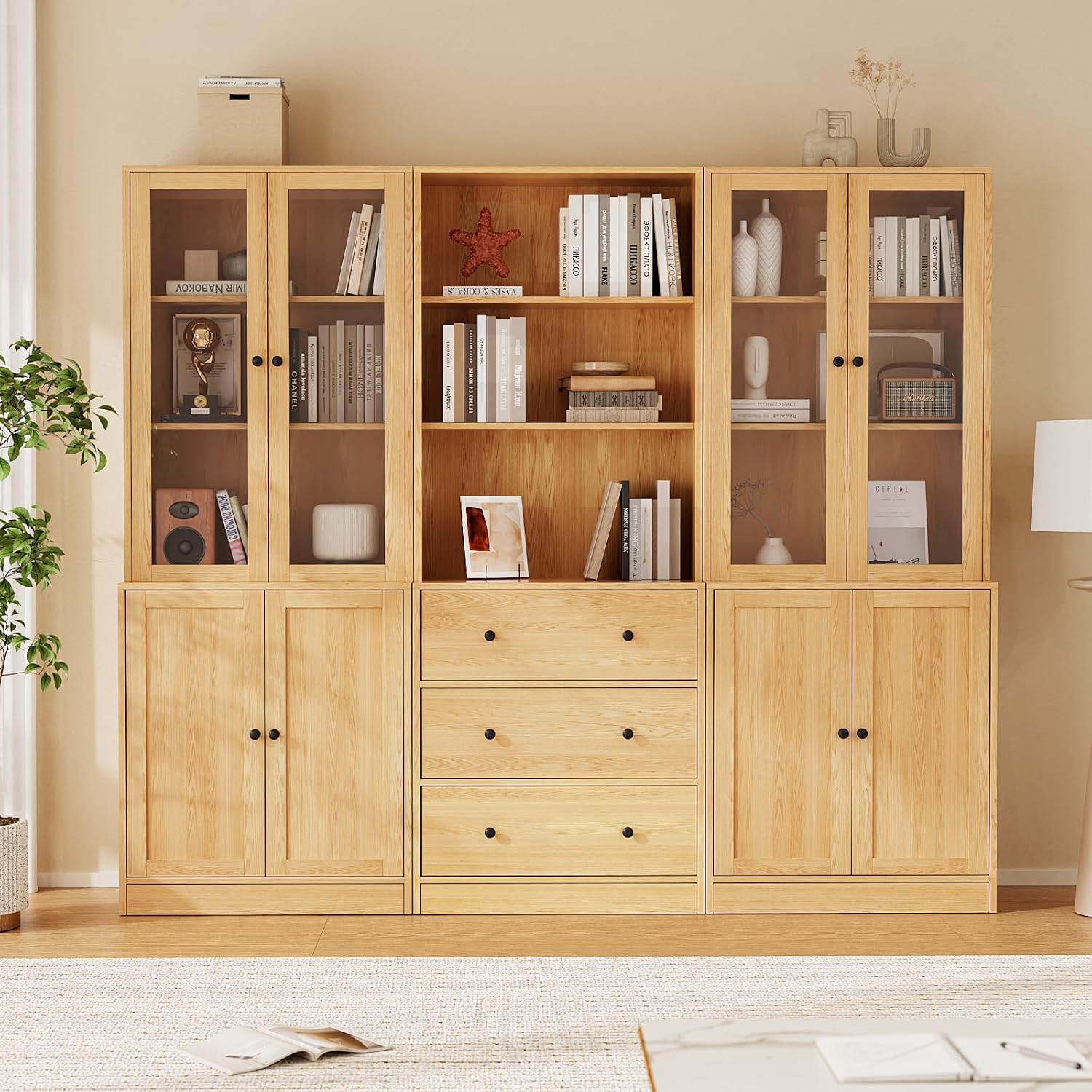 TUSY 71' H Bookshelf with Storage, 6-Tier Modern Bookshelves with 3 Large Drawer, Display Bookcase with Glass Doors, Modern 5-Tier Curio Cabinet for Home Office, Dining Room (Wood, ABA)