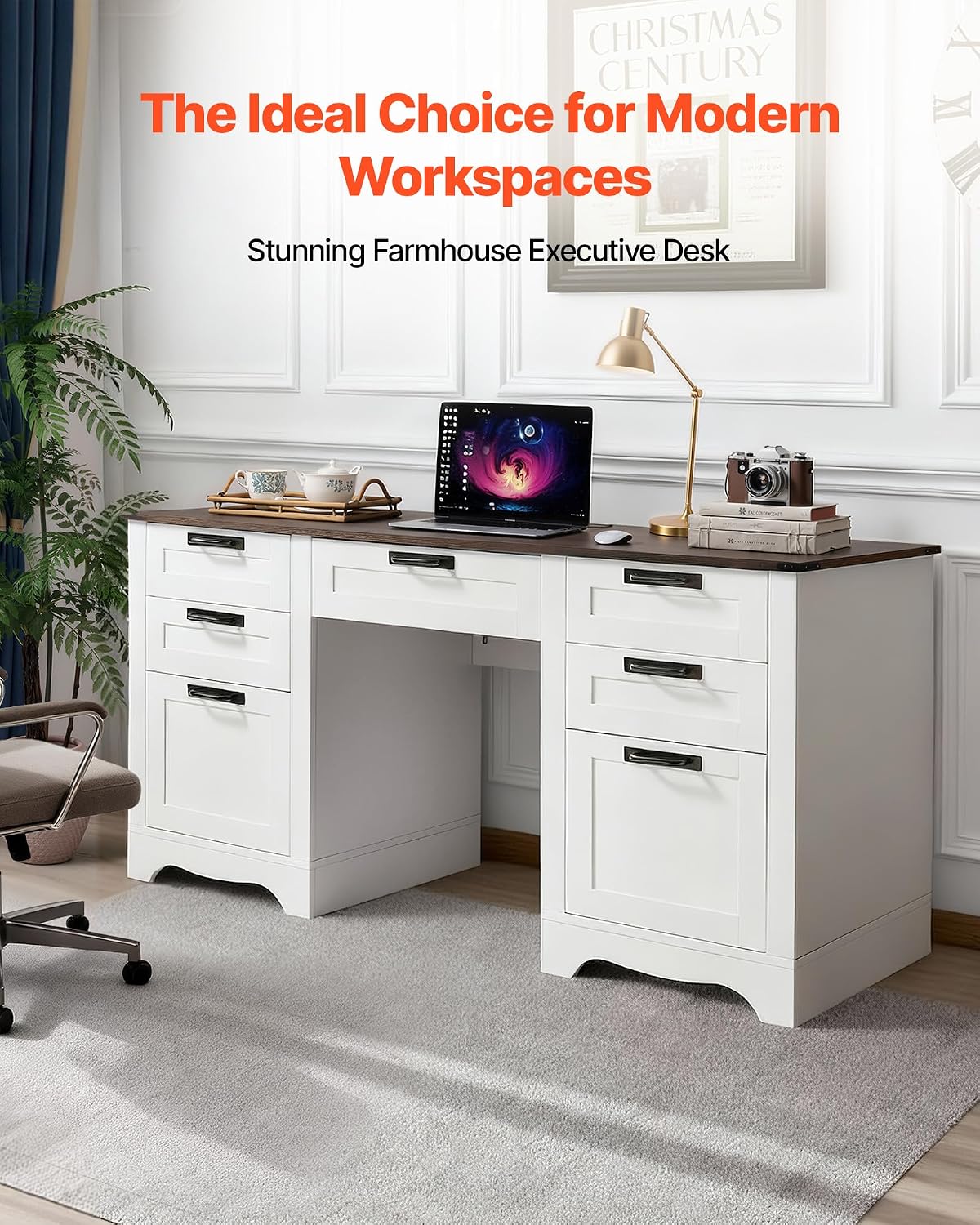 VEVOR 60' Executive Desk with Drawers, Farmhouse Home Office Desk with Charge Station, Keyboard Tray, File Storage Cabinet, 200 LBS Load Capacity Wood Table, Easy Assembly, for Work Study, Walnut