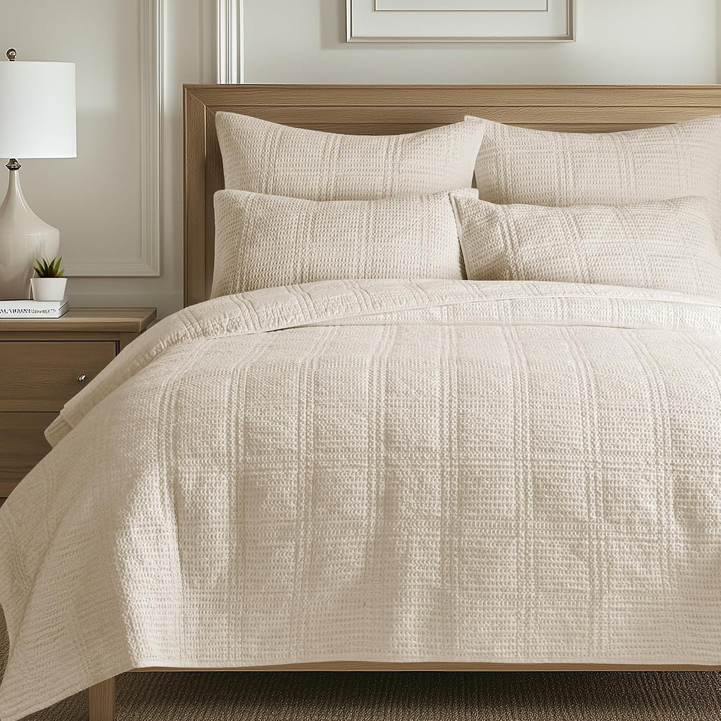 Levtex Home Cloud Waffle Twin XL/Twin Quilt Set (68x86in) with 1 Pillow Sham (26x20in) - Box Quilted Waffle Texture - Undyed Cream - Cotton Twin Size Quilt Bedding Set - Lightweight Soft Pre-Washed