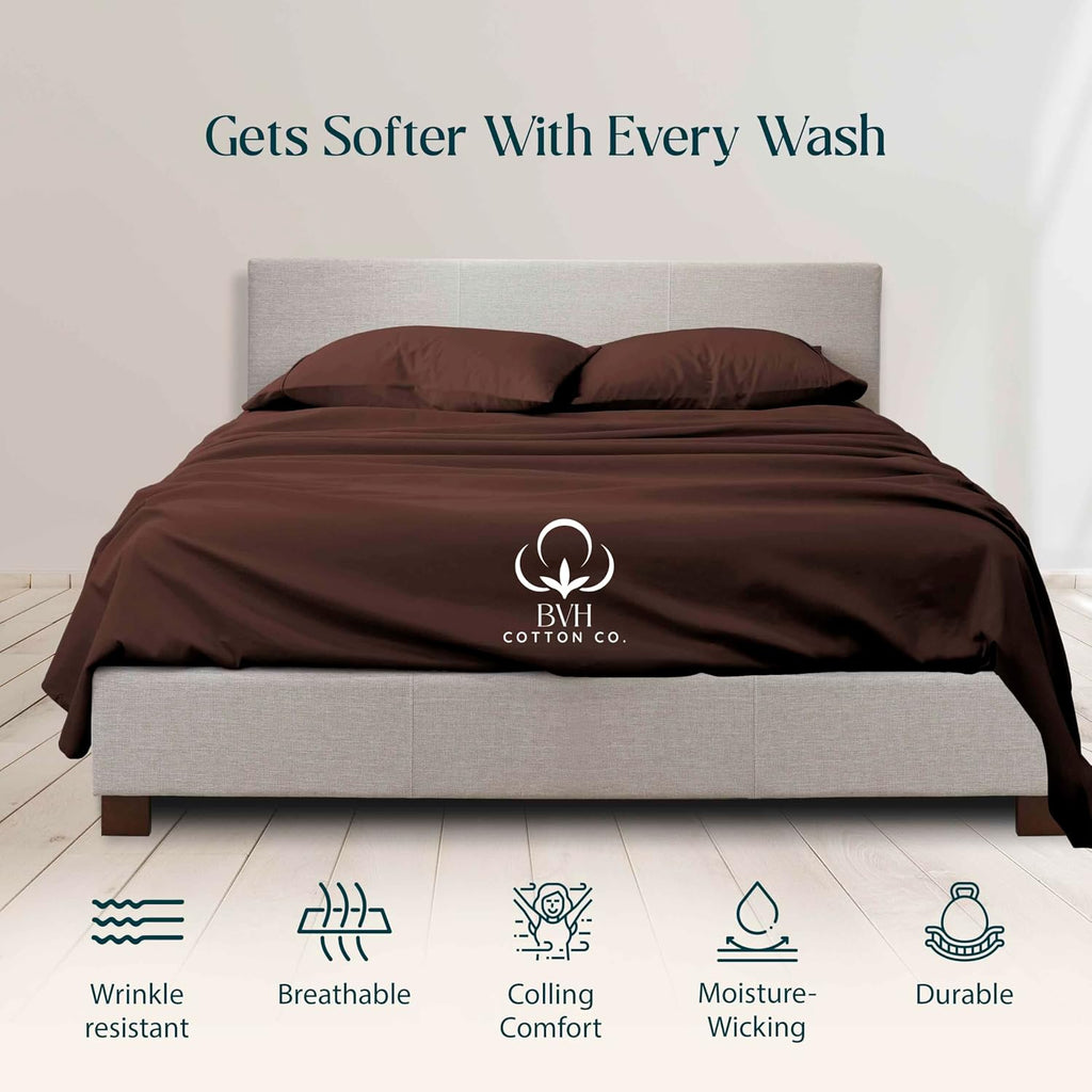 Egyptian Cotton Queen Size Sheet Set, 4-PCs Bed Set, Soft & Breathable Percale Weave, Fits 10-12' Deep Pocket, Hotel-Quality 1000 Series Bed Sheets (Solid, Chocolate)