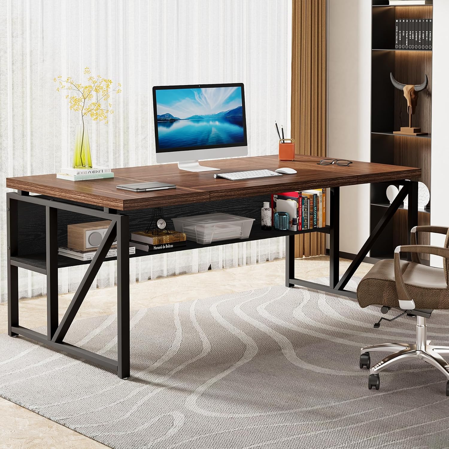 Tribesigns 63 inches Computer Desk with Bottom Storage Shelf Home Office Desk Writing Table for Workstation, Dark Walnut + Steel Leg, Cabinet not Included (Dark Brown, 63-inch-with-Shelf)
