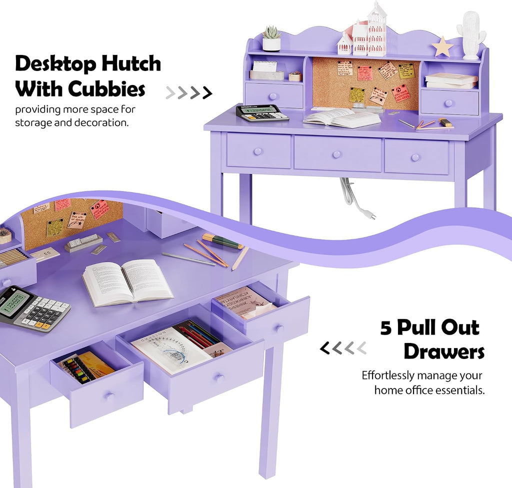 FUNKOCO Home Office Furniture Writing Desk, 36 Inch Computer Work Station with Detachable Hutch for Small Place, 5 Drawers(Purple)