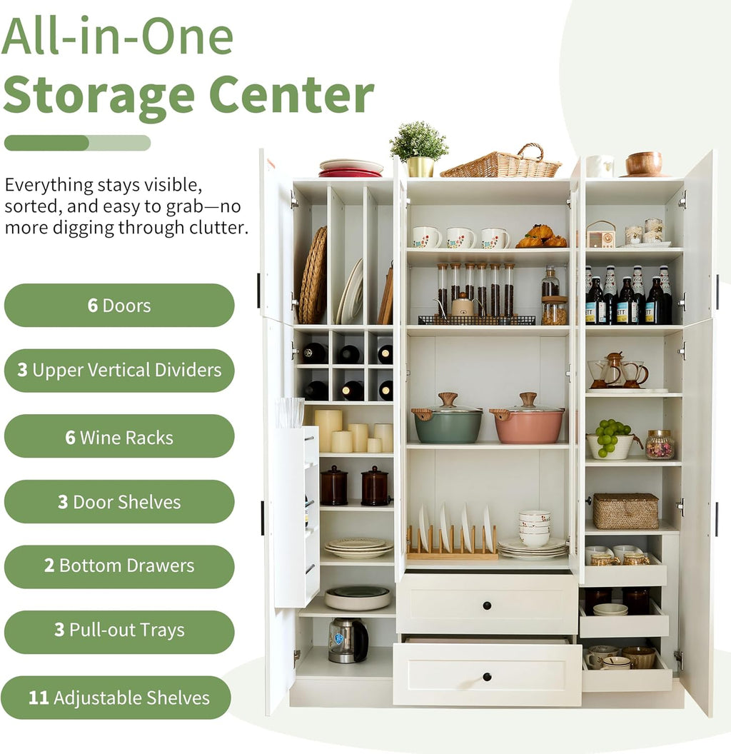 Modern Large Kitchen Pantry with 6 Doors, 53.2''Lx17.7''W Wood Storage Cabinet Cupboard with Drawers, Adjustable Shelves, Pull-Out Trays and Wine Rack for Dining Room (White-4.19)