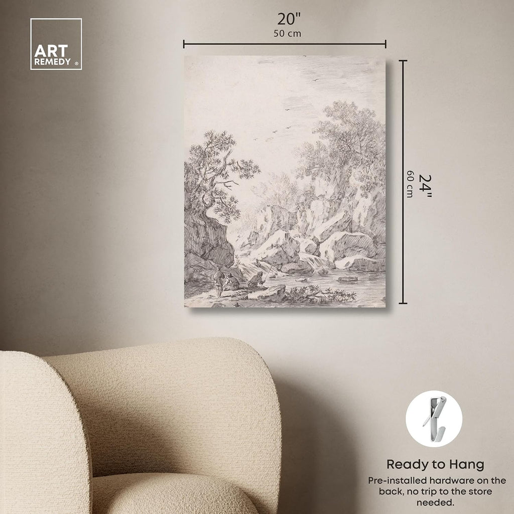Art Remedy A Waterfall by Rock Cliffs 1750s Canvas Classic Sketches, Gallery Wrapped, 20' x 24'