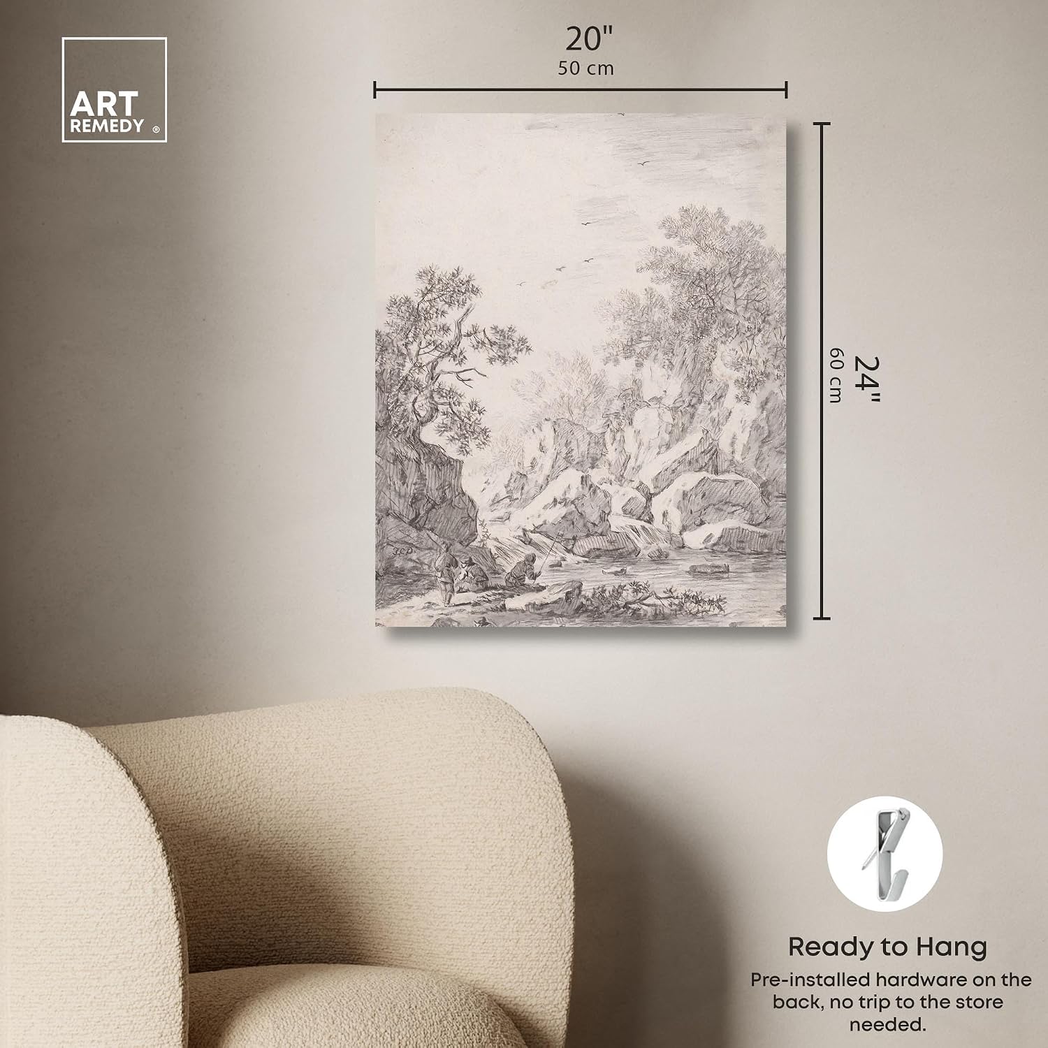 Art Remedy A Waterfall by Rock Cliffs 1750s Canvas Classic Sketches, Gallery Wrapped, 20' x 24'