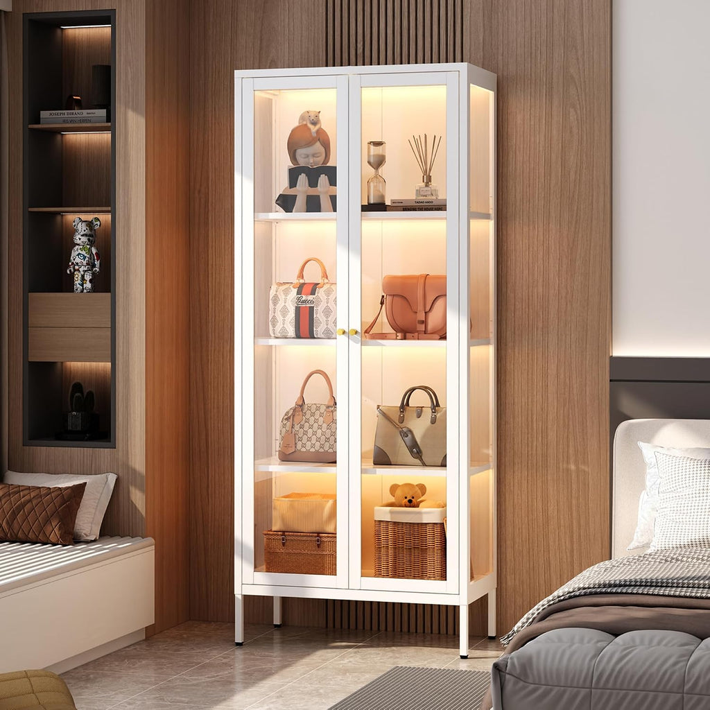 SteeLoong 66'Glass Display Cabinet with 3 Color LED Lights,Metal Curio Cabinet with Glass Doors,4-Tier Display Case for Collectibles,Book,Plant,White Storage Cabinets For Living Room-Assemble Required