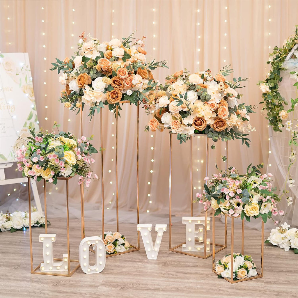 Sziqiqi Wedding Centerpieces Vase for Tables with Plates - 10 Pcs Metal Column Geometric Flower Stand 15.7in Gold Flower Display Rack Decorations for T-Stage Reception Party Fiesta Event Home