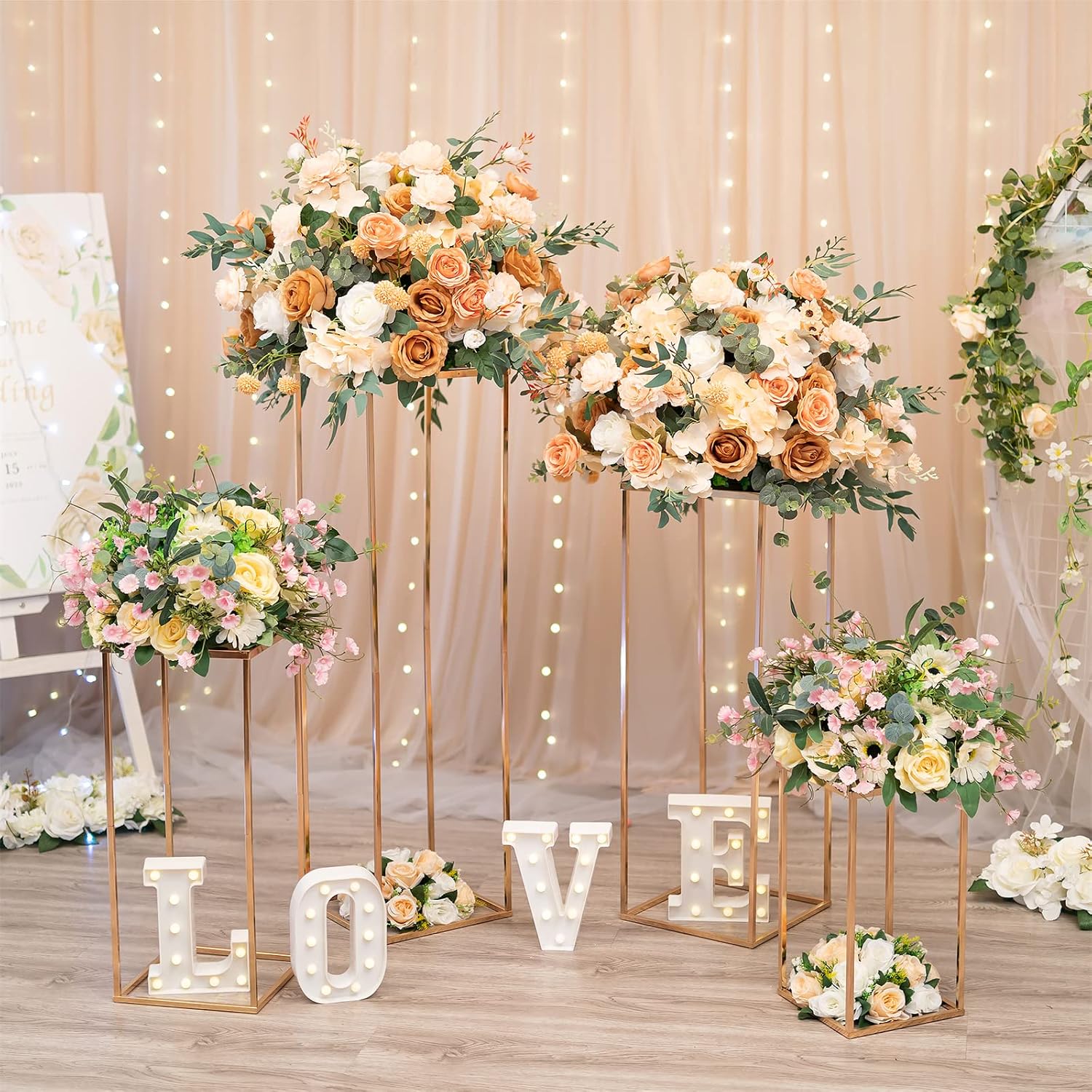 Sziqiqi Wedding Centerpieces Vase for Tables with Plates - 10 Pcs Metal Column Geometric Flower Stand 15.7in Gold Flower Display Rack Decorations for T-Stage Reception Party Fiesta Event Home