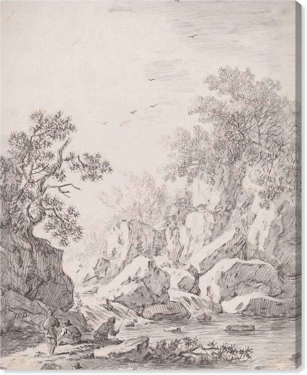 Art Remedy A Waterfall by Rock Cliffs 1750s Canvas Classic Sketches, Gallery Wrapped, 20' x 24'