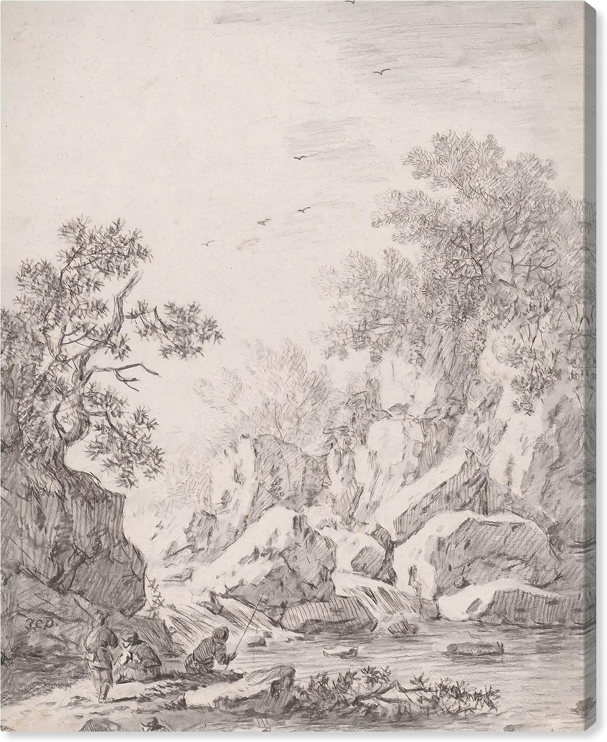 Art Remedy A Waterfall by Rock Cliffs 1750s Canvas Classic Sketches, Gallery Wrapped, 24' x 30'