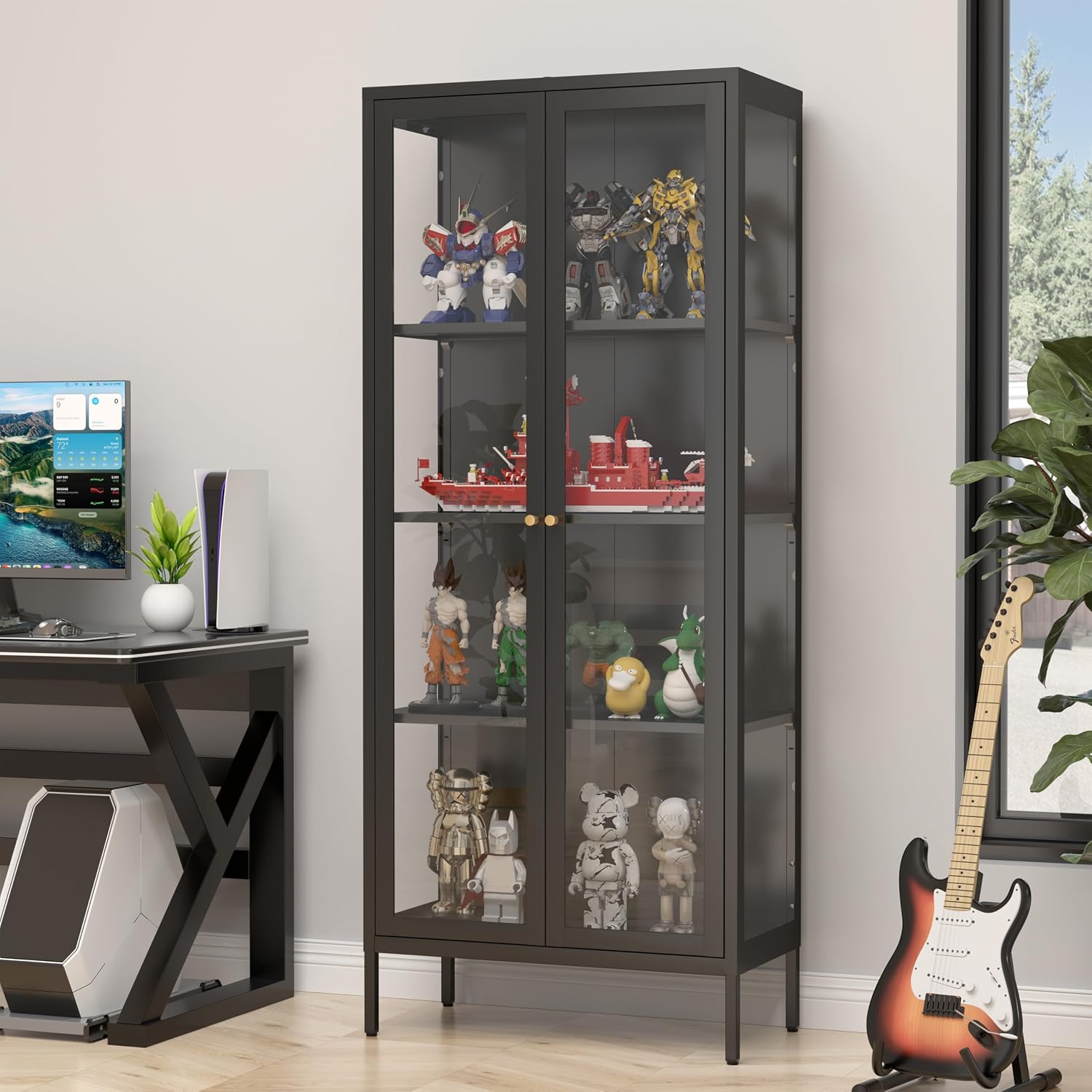 SteeLoong 66' Display Cabinet with Tempered Glass,Metal Curio Cabinet with Glass Doors,4-Tier Display Case for Collectibles,Trophy,Plant,Black Storage Cabinets for Living Room - Assemble Required