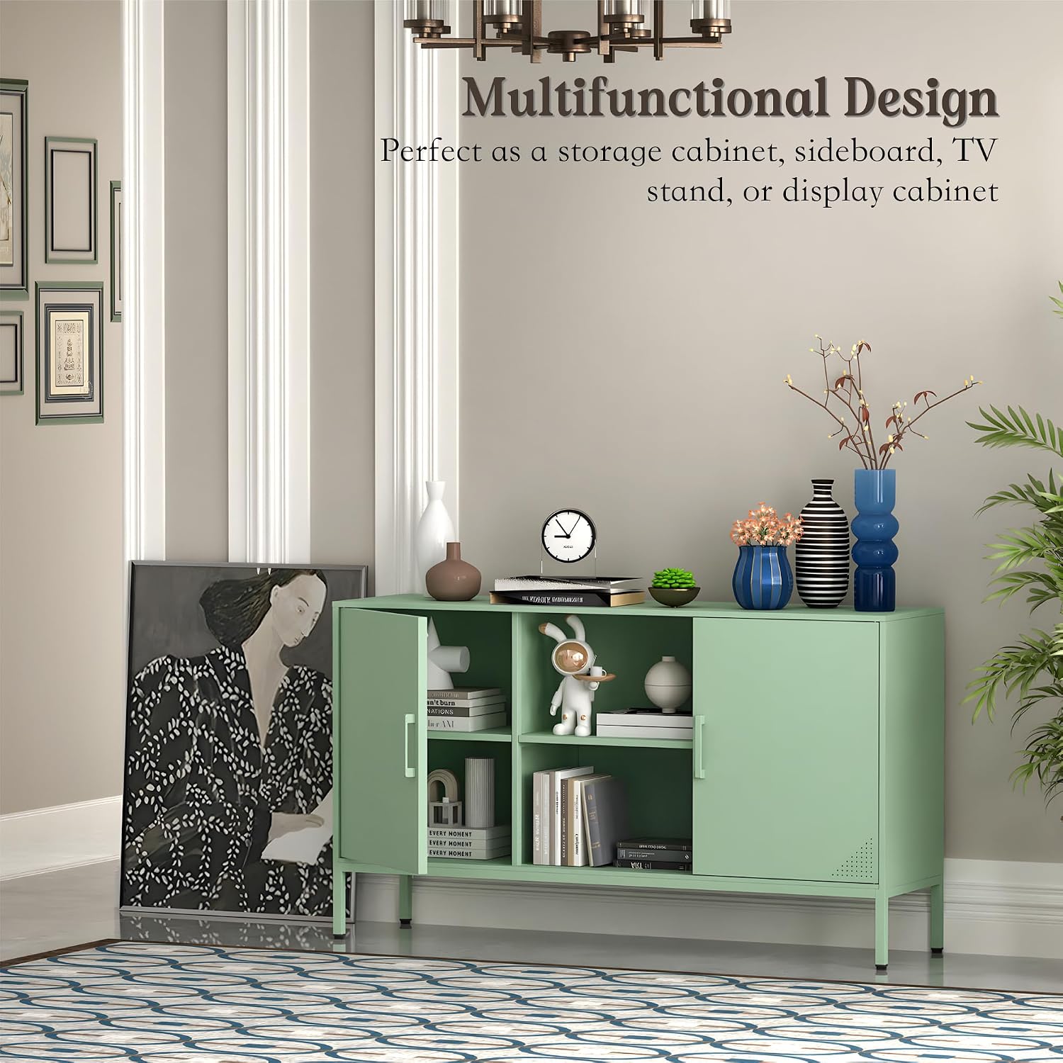 Steehoom Metal Cabinet, High Capacity Green Buffet Cabinet Coffee Bar Sideboard with Adjustable Shelf, Pantry Drink Locker for Living Room, Kitchen, Bedroom, Dining Room, Entryway (Green, H29.53'')