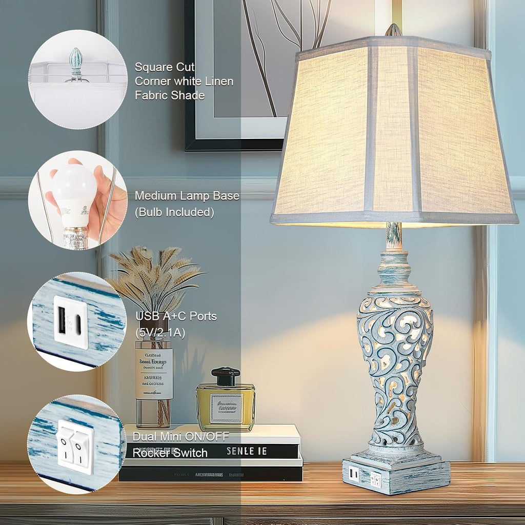 Table Lamp Bedside Lamps Set of 2, 28.5'' Luxsight Farmhouse Table Lamps for Bedroom, Lamps for Nightstands with Night Lights, with USB C+A Ports, Rustic Lamp for Living Room, Bulb Included