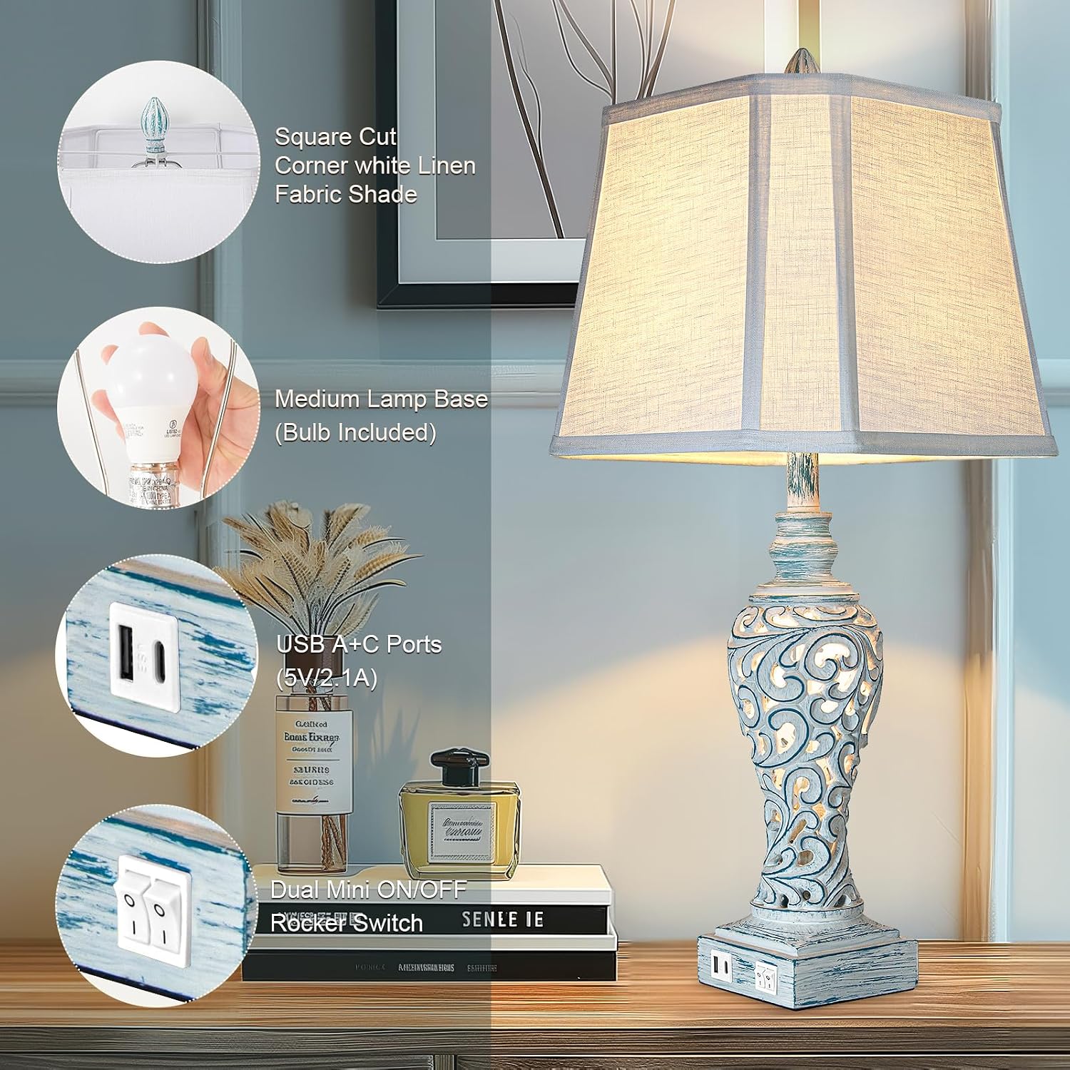Table Lamp Bedside Lamps Set of 2, 28.5'' Luxsight Farmhouse Table Lamps for Bedroom, Lamps for Nightstands with Night Lights, with USB C+A Ports, Rustic Lamp for Living Room, Bulb Included