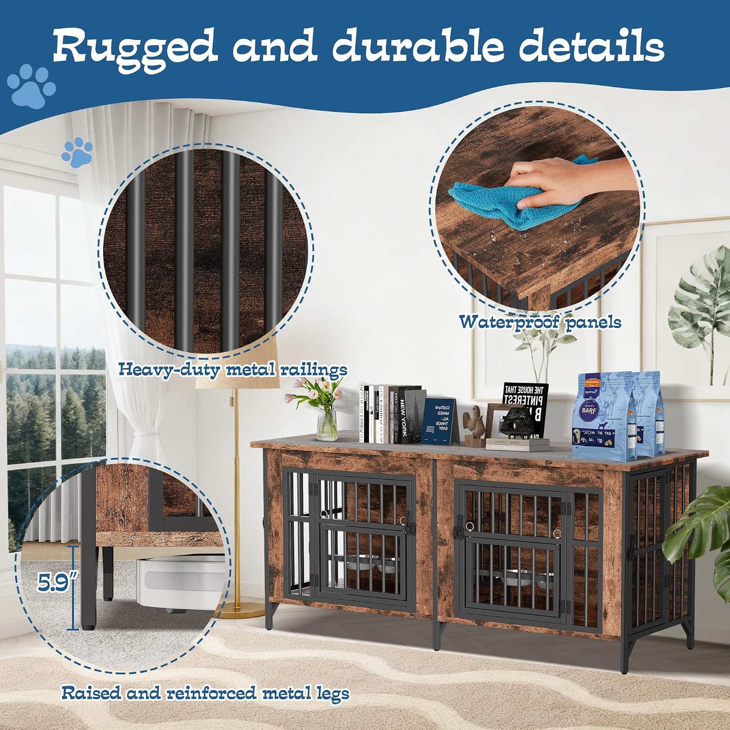 Grepatio 63' Double Dog Crate Furniture for 2 Dogs, Large Dog Kennel with 360° Rotating Feeder Bowls, Indoor Double Dogs Crates with 4 Doors, Wooden Crate TV Stand with Removable Divider