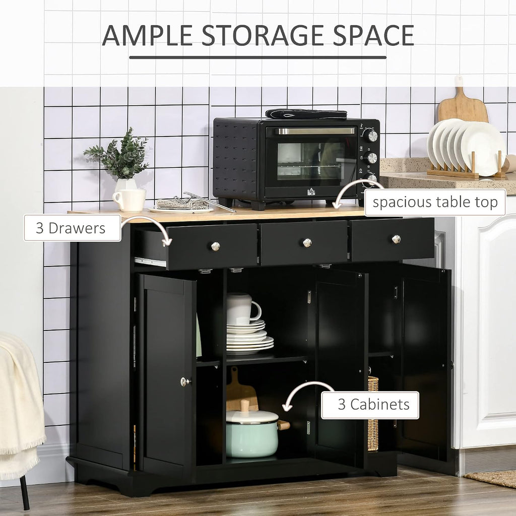 HOMCOM Sideboard Buffet Cabinet with Solid Wood Countertop, Modern Kitchen Storage Cabinet, Coffee Bar Cabinet with 3 Drawers, Doors and Adjustable Shelf, Black