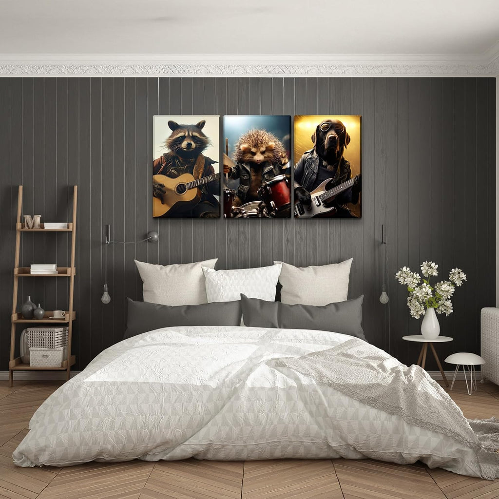 YONICA 3 Panel Animal Band Canvas Wall Art for Home Music Decor - Funny Animals Playing Musical Instruments Modern Cool Wall Picture Print On Canvas HD Giclee Artwork Ready to Hang - 24'x32'x3 Panels