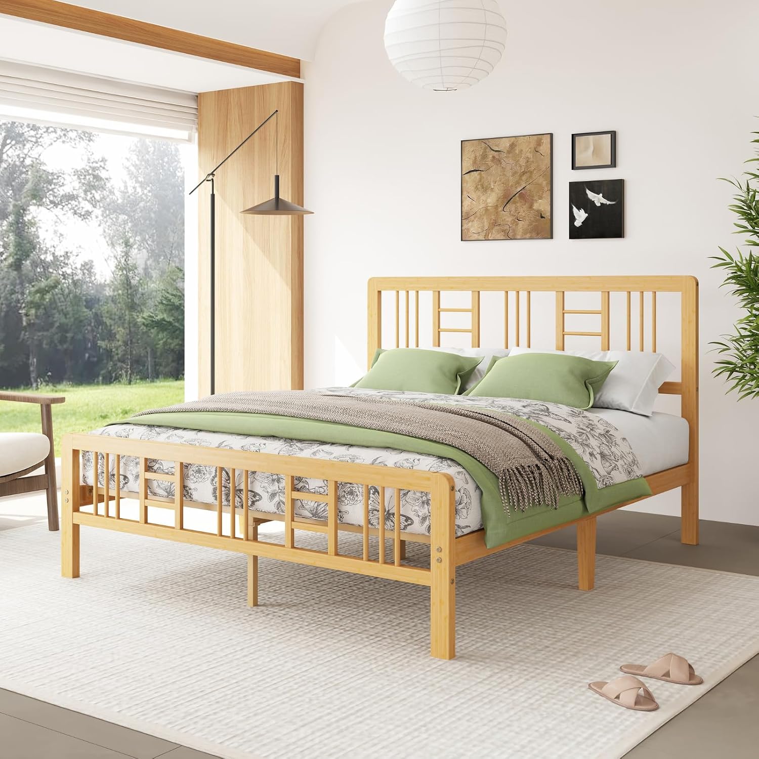 12 Inch Bamboo Wood Queen Size Platform Bed Frame with Headboard and Footboard, Metal Slat Support Bed Frame Queen Size Heavy Duty, No Box Spring Needed, Easy Assembly, Noise Free, Reinforced