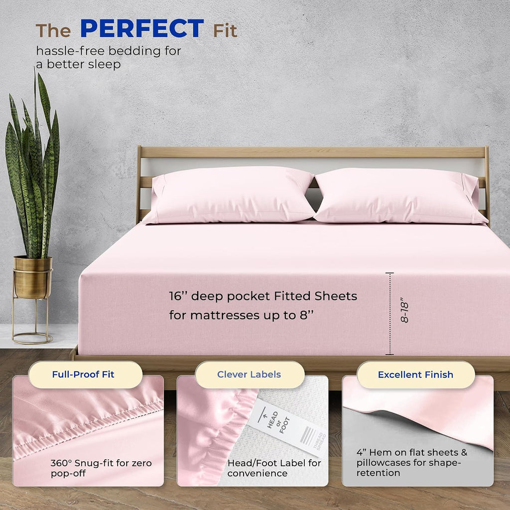 THREAD SPREAD Queen Sheet Set, Luxury 1000 Series Paradise Collection 100% Egyptian Cotton Bed Sheets Queen Size (6 PC, Blush), Silky Soft, Cooling, Sateen Weave, 16' Deep Pocket Hotel Sheet Set