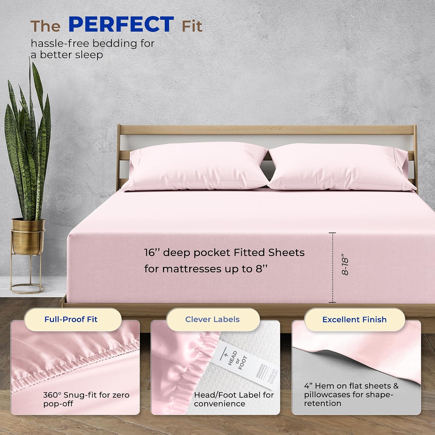 THREAD SPREAD Queen Sheet Set, Luxury 1000 Series Paradise Collection 100% Egyptian Cotton Bed Sheets Queen Size (6 PC, Blush), Silky Soft, Cooling, Sateen Weave, 16' Deep Pocket Hotel Sheet Set
