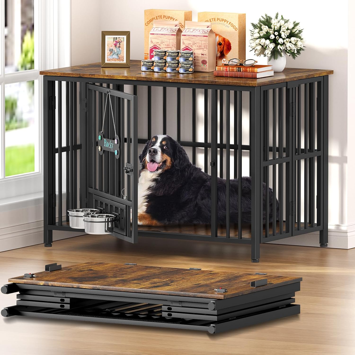 Easycom Dog Crate Furniture Foldable, No Assembly Decorative Dog Kennel Indoor, Dog Crates for Large Dogs(35-60 lb), Wooden Dog Cage with Adjustable Bowls and Name Tag, End Table, Rustic Brown
