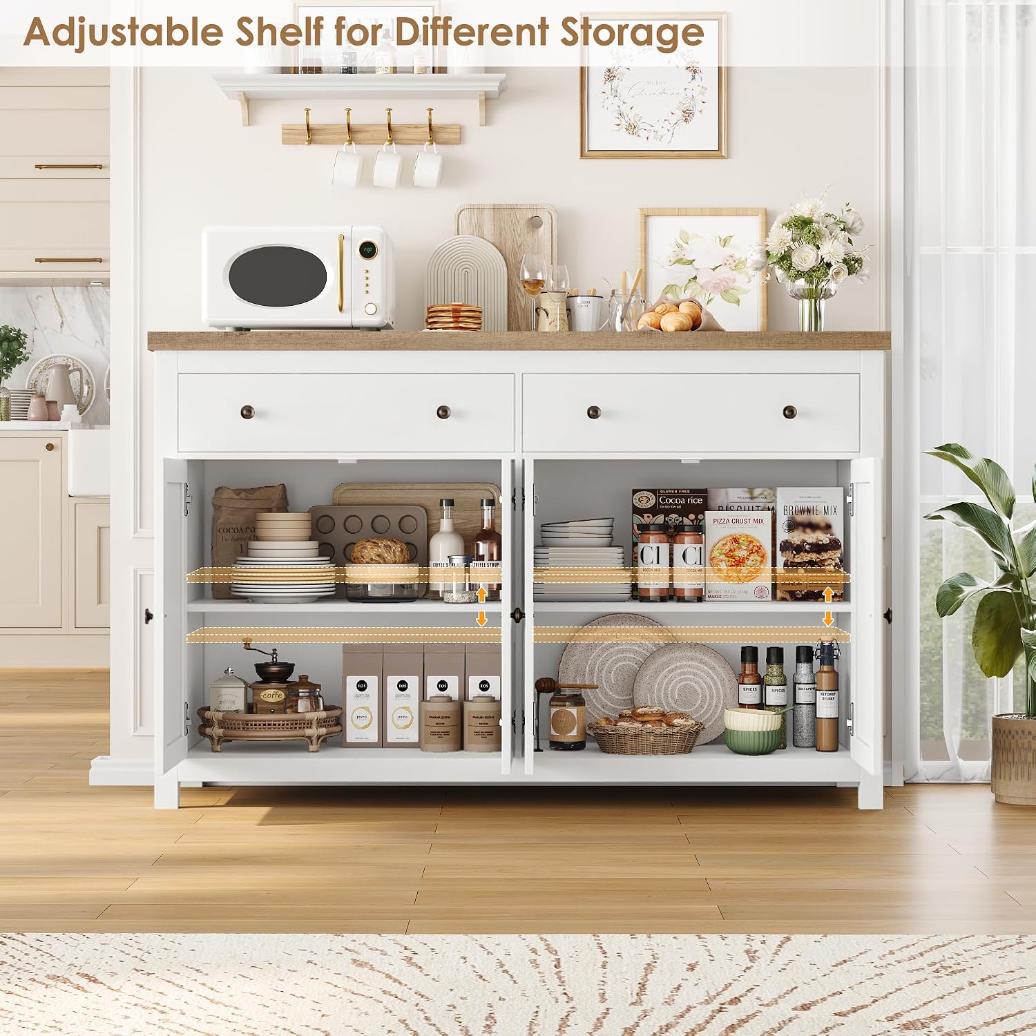 FOTOSOK Sideboard Buffet Cabinet with Storage, 55' Large Kitchen Storage Cabinet with 2 Drawers and 4 Doors, Wood Coffee Bar Buffet Table Console Table for Kitchen Dining Room, White