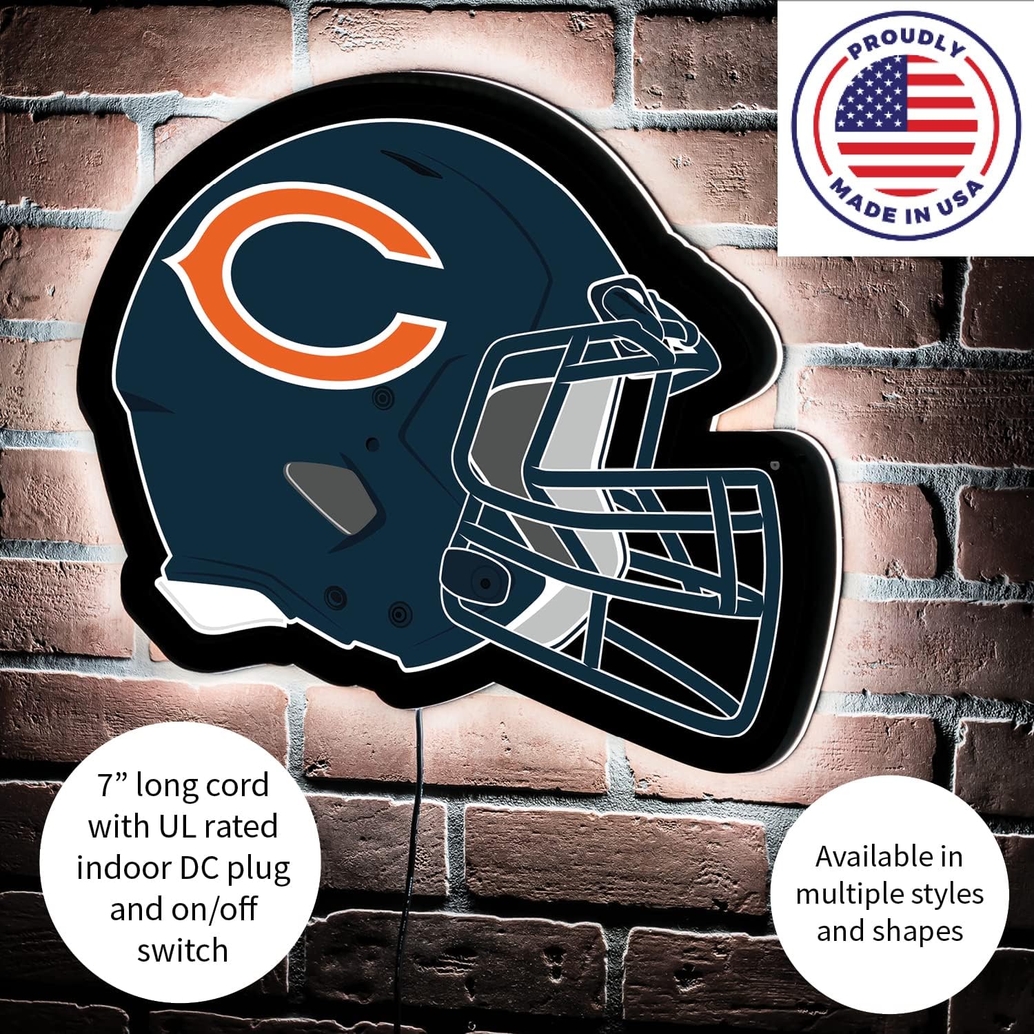 Team Sports America Evergreen NFL Chicago Bears Ultra-Thin LED Light Wall Sign Decor | Full Size Replica Helmet | 19.5 x 15 Inches | Made in the USA