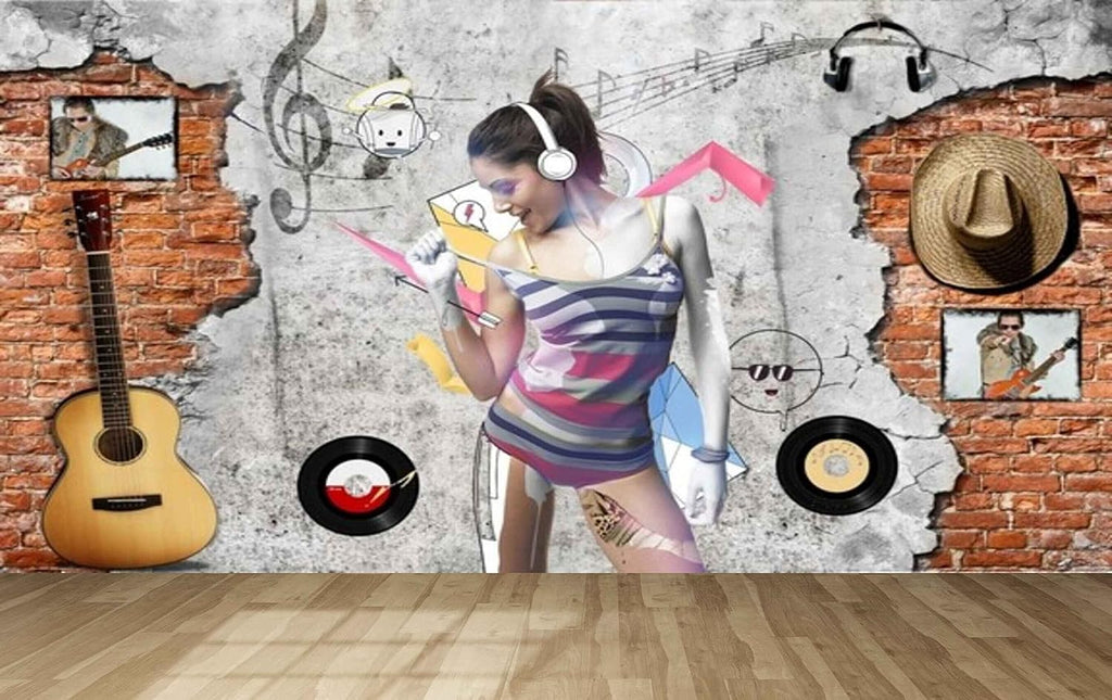 MWZ3606 Singing Girl Musical Instruments HD 3D Wallpaper for Gym Fitness[18 ft x 13 ft] / [549 cm x 396 cm]