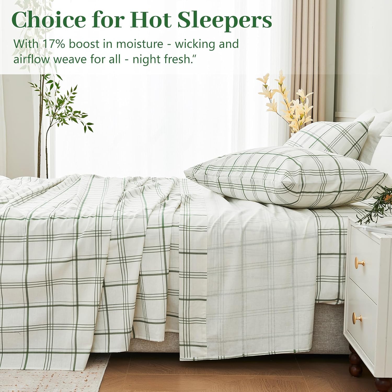 MEISHANG 100% French Pure Linen Sheets Queen Size - Bed Sheets 4 Piece Sets, Soft Durable Flax Linen, Anti-Tear Breathable Moisture Wicking with 16' Deep Pocket (Green Plaid)