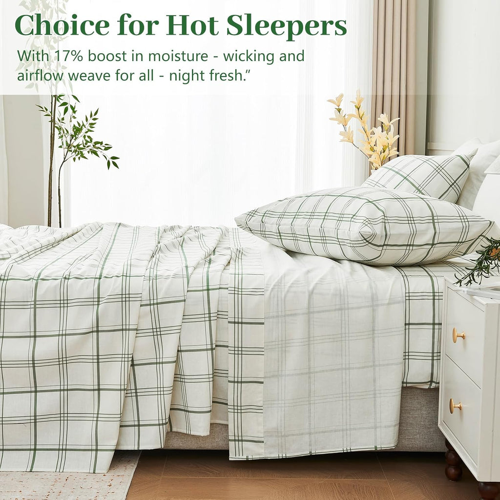 MEISHANG 100% French Pure Linen Sheets King Size - Bed Sheets 4 Piece Sets, Soft Durable Flax Linen, Anti-Tear Breathable Moisture Wicking with 16' Deep Pocket (Green Plaid)