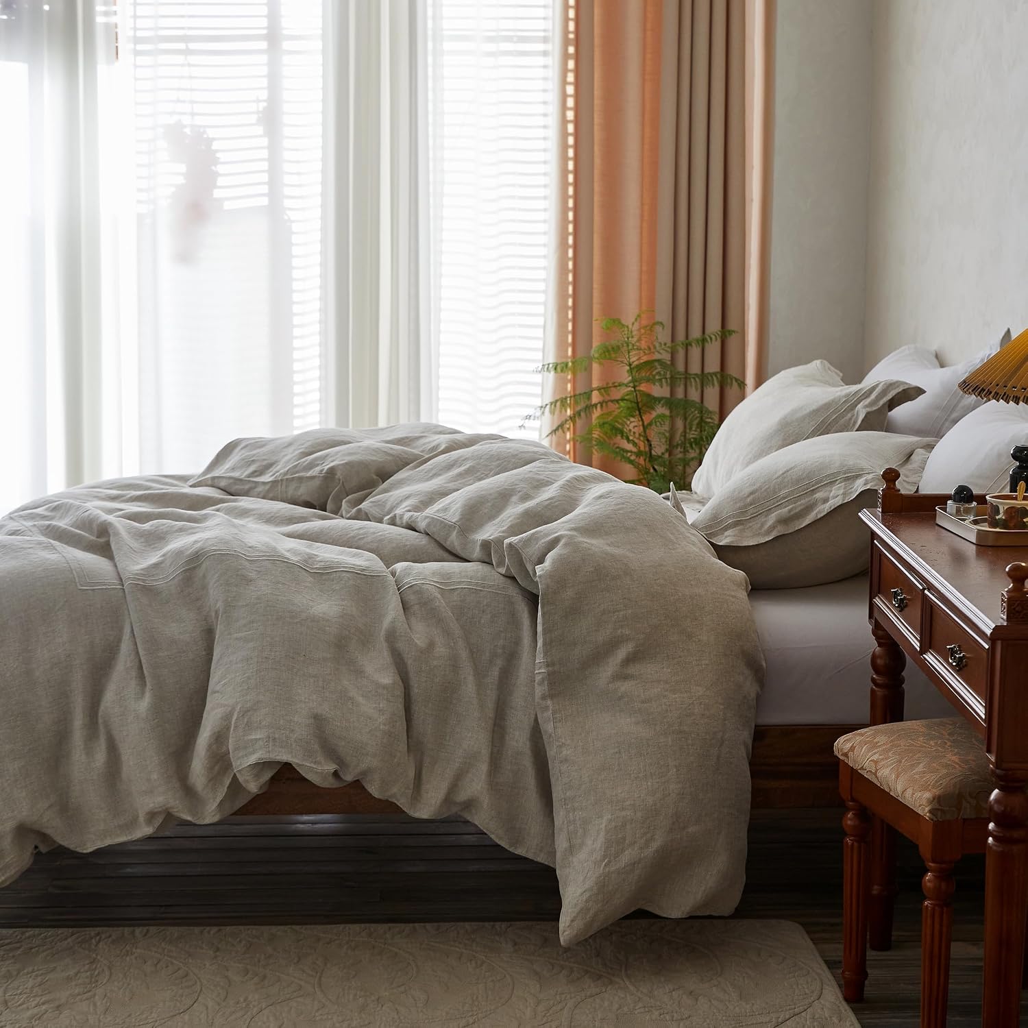 Simple&Opulence 100% Washed Linen Duvet Cover Set 78'x86' - 3 Pieces Soft Farmhouse Comforter Set Double Embroidered with Button Closure - 1 Duvet Cover and 2 Pillowshams (Linen, Full)