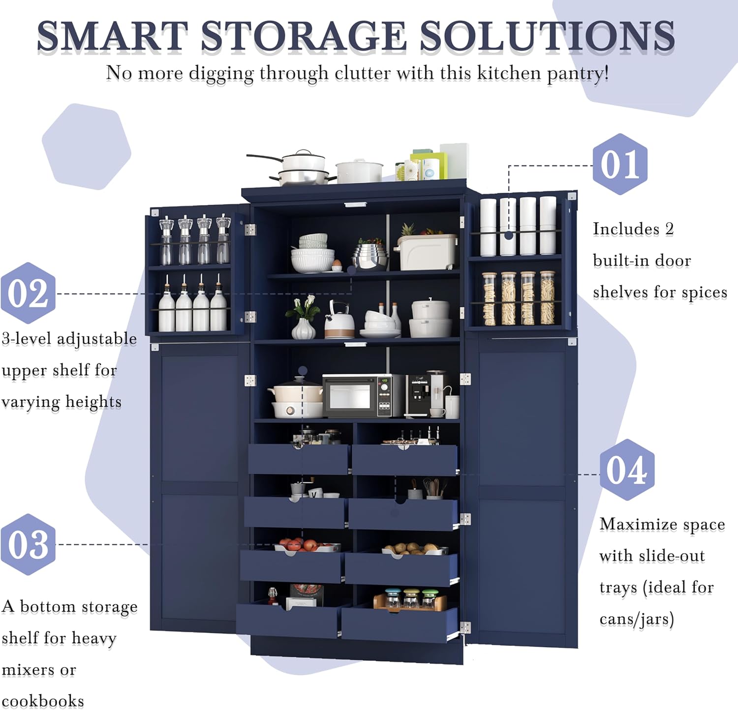 70.9 inch Kitchen Pantry Cabinet, Wood Freestanding Tall Storage Cabinet with 4 Doors and 2 Door Shelves, 8 Pull-Out Trays and Adjustable Shelf for Dining Room (Blue/65e)