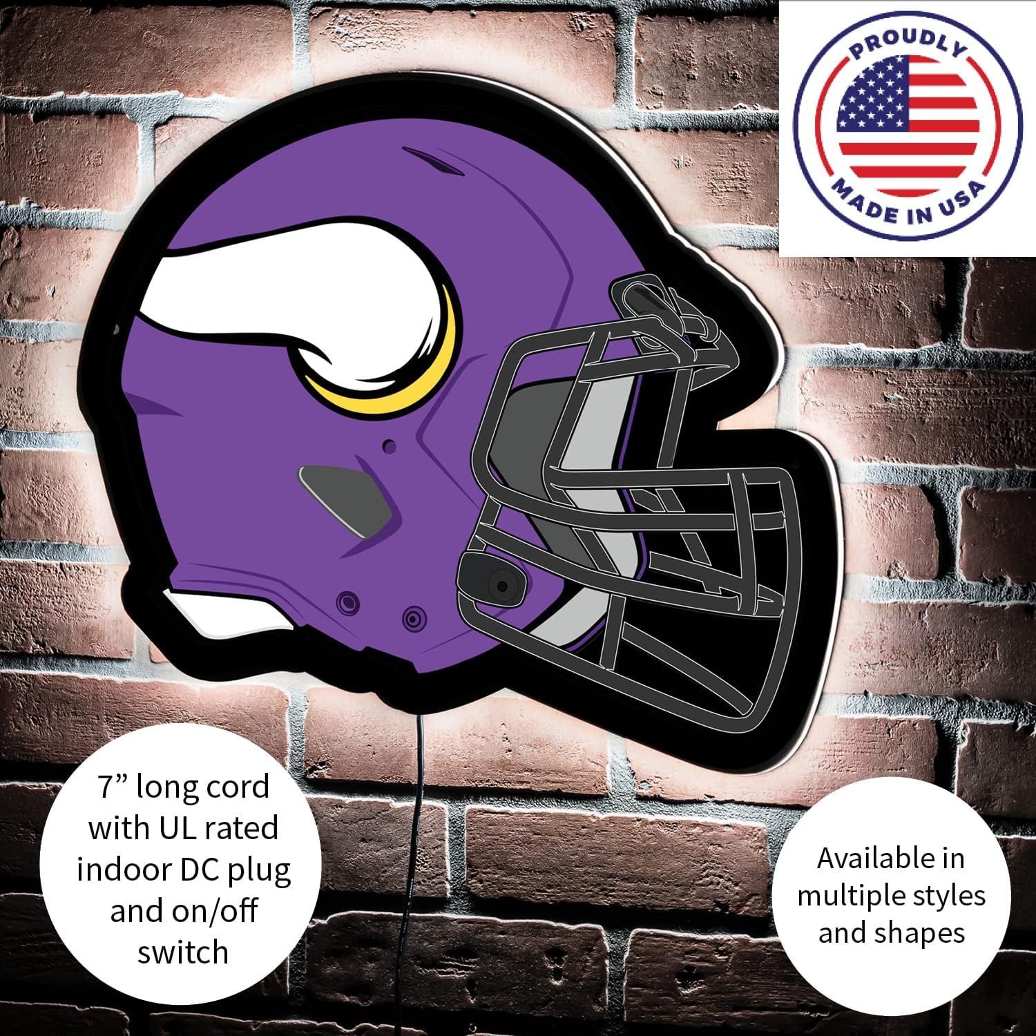 Team Sports America Evergreen NFL Minnesota Vikings Ultra-Thin LED Light Wall Sign Decor | Full Size Replica Helmet | 19.5 x 15 Inches | Made in the USA