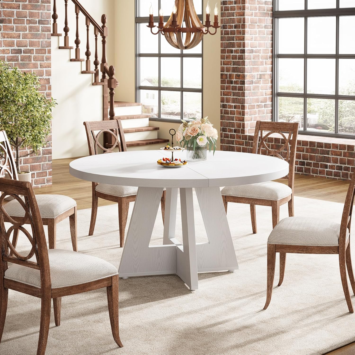 Tribesigns Farmhouse Dining Table, 47 Inch Round Dinner Table for 4, Rustic Round Dining Room Table for Home Dining Room Living Room (White)