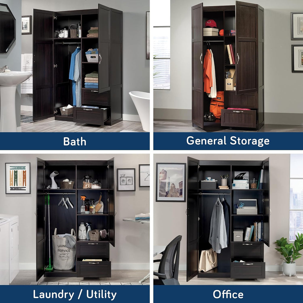 Sauder Select Multipurpose Bedroom Armoire Wardrobe Closet Pantry Storage Cabinet with Storage Drawers and Hanging Rail, in Cinnamon Cherry