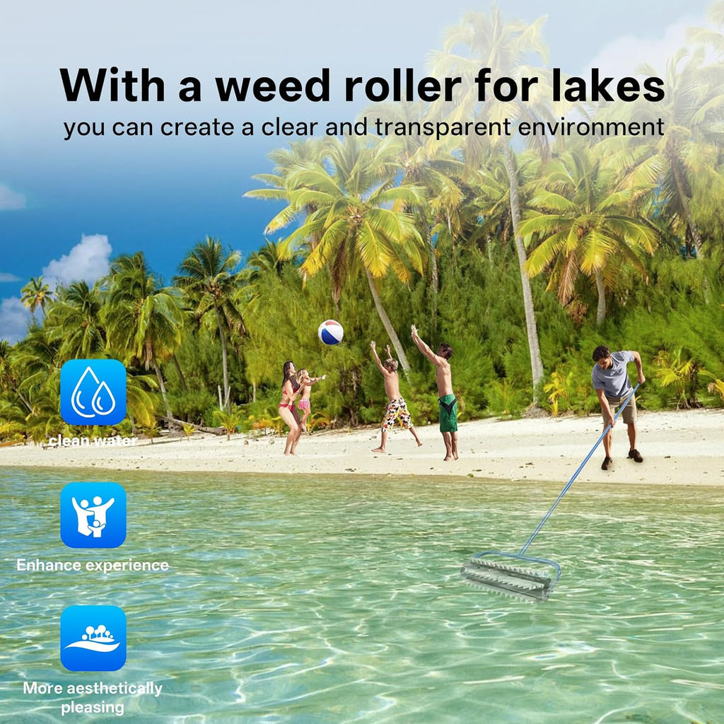 14ft Stainless Steel Lake Weed Roller, Beach Roller, Rid Weeds Roots and Muck Buildup, 4 Aluminum Handles, 6 Preassembled Stainless Steel Blades, Easy Assembly with Gloves Attached（3-Year Warranty）
