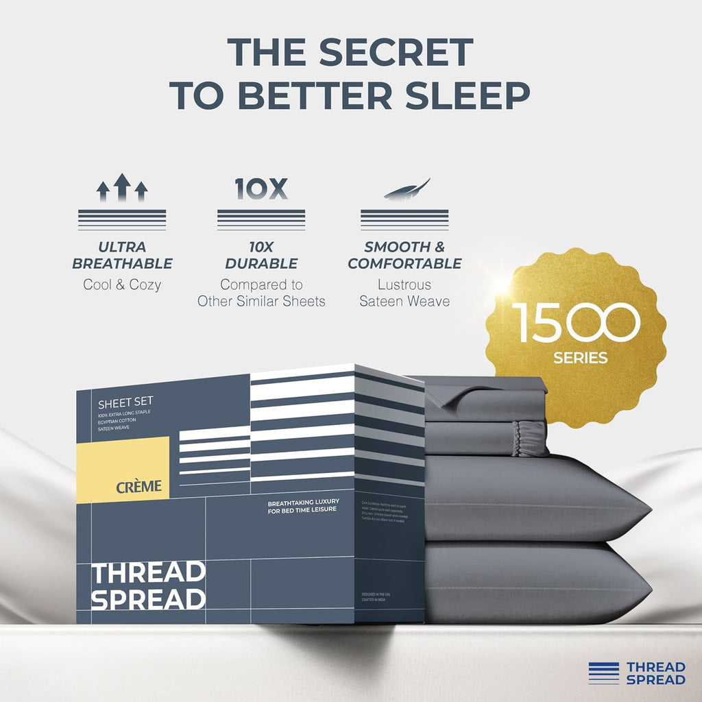 THREAD SPREAD 100% Egyptian Cotton Split King Sheets Sets for Adjustable Bed - 1500 Series Split Top King Sheets (5 PC, Dark Grey), Silky Soft, Sateen, Cooling & Breathable, 17' Deep Pocket Bed Set