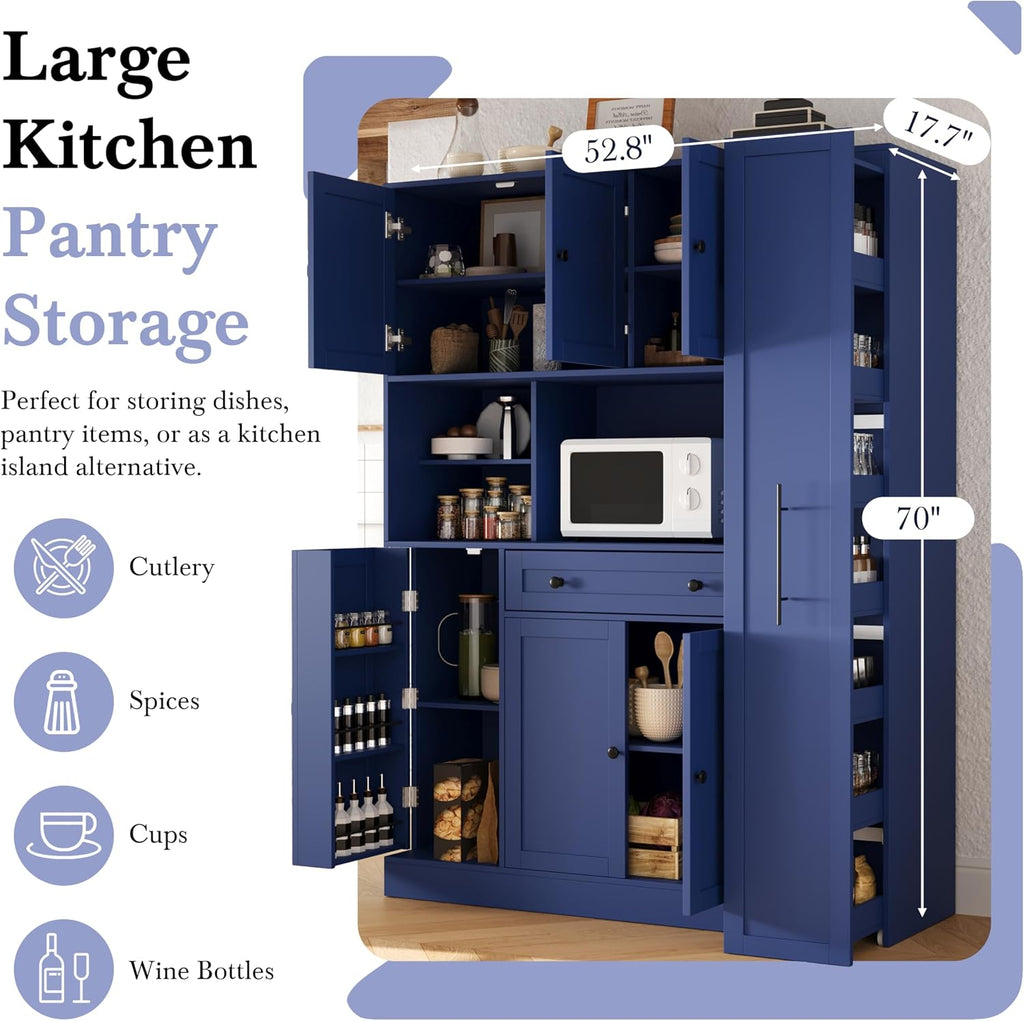 Modern 70inch Kitchen Pantry Storage Cabinet Cupboard with Hutch, Freestanding Buffet with Pull-Out Side Cabinet and Drawer for Living Room, Kitchen
