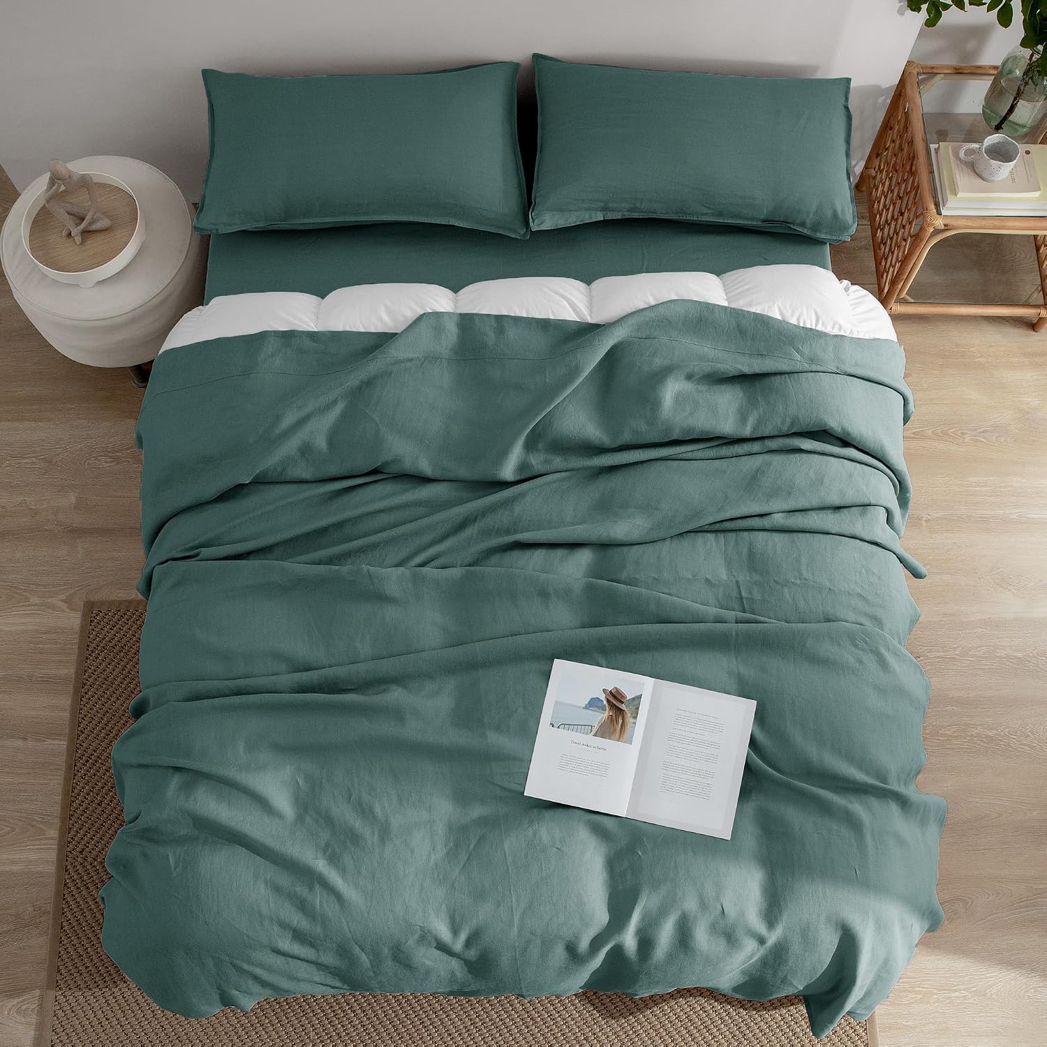 EVERLY Linen Sheets California King Size,100% Stonewashed French Linen Sheets Deep Pocket Sheets,4Pieces (1Flat Sheet,1Fitted Sheet,2Pillowcase) Natural Flax Soft and Breathable for Hot Sleepers-Aqua