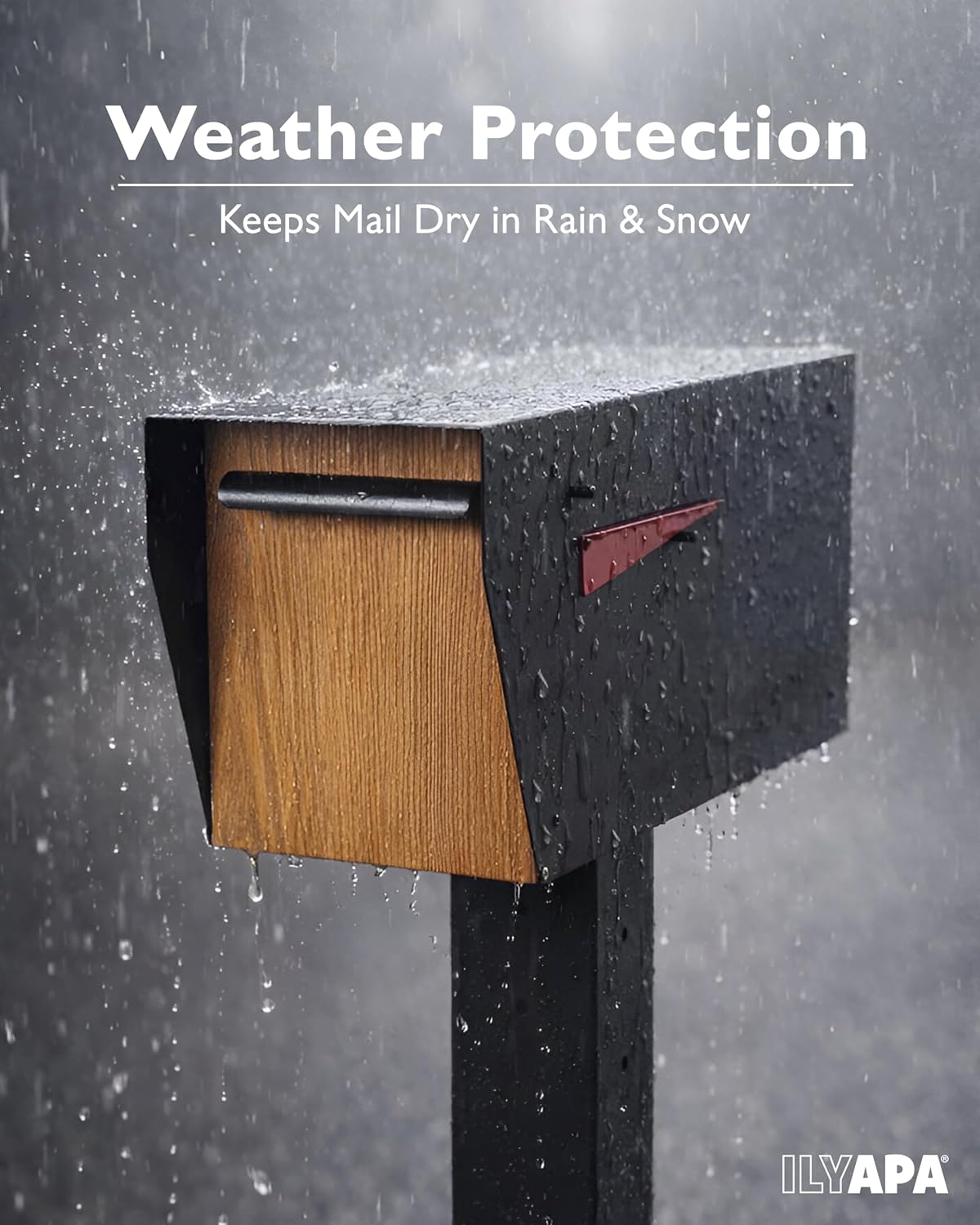Ilyapa Black Modern Mailbox Post Mount Mailboxes for Outside- Powder Coated Steel Metal Mail Box with Rear Door, Outdoor All Weather & Corrosion Resistant, Stainless Steel Hinges & Magnetic Door