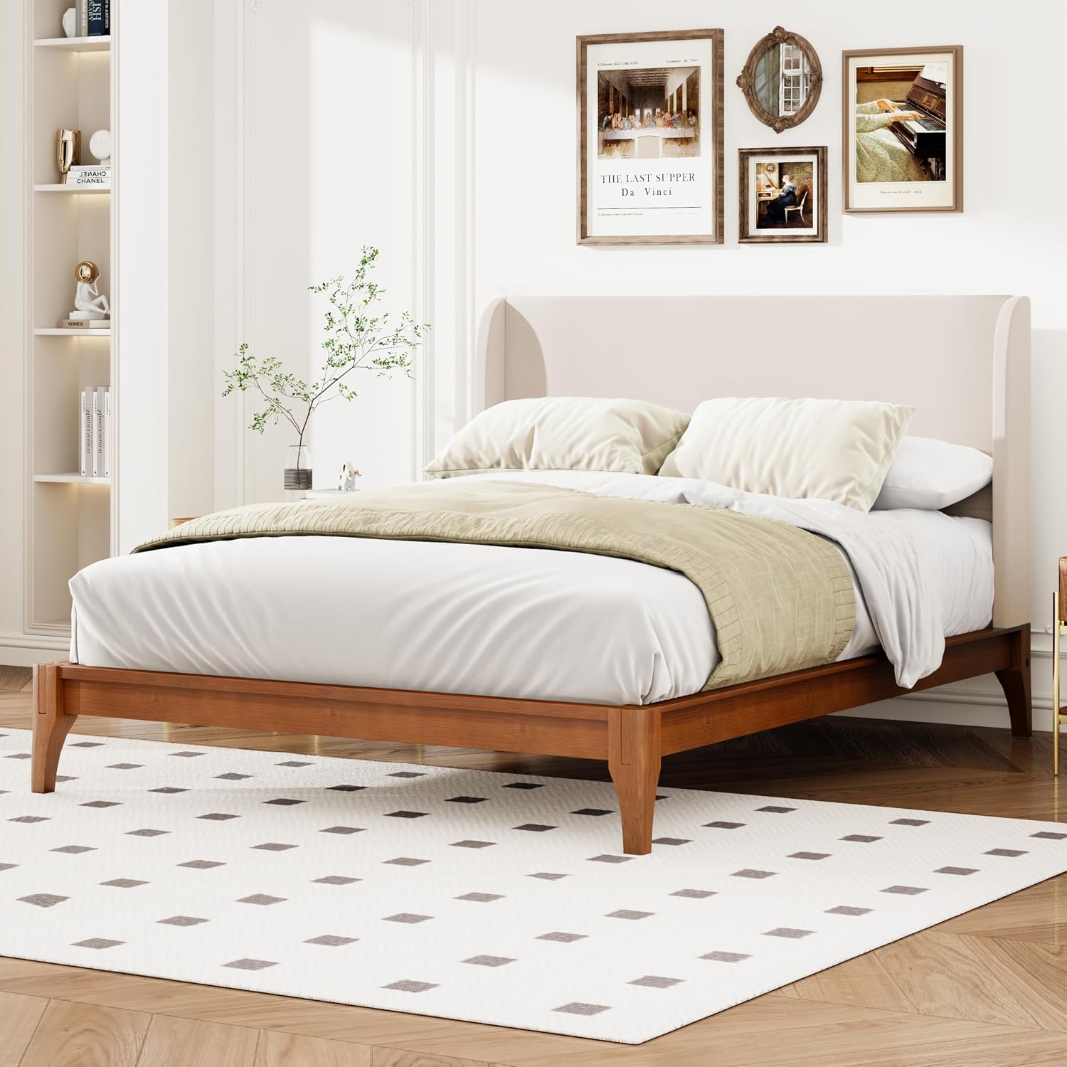 Merax King Size Bamboo Platform Bed, Mid-Century Bed Frame with Tall Upholstered Headboard, Wood Slat Support, No Box Spring Needed, Easy Tool-Free Assembly, Beige+Brown