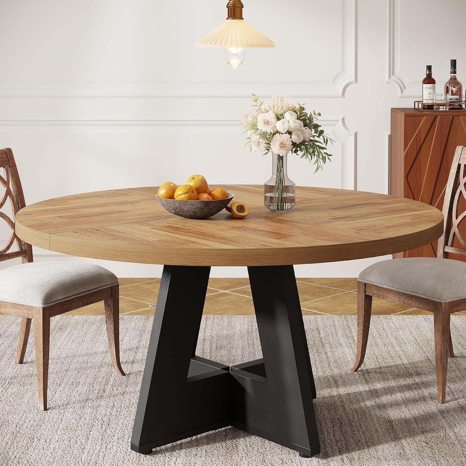 Tribesigns Farmhouse Dining Table, 47 Inch Round Dinner Table for 4, Rustic Round Dining Room Table for Home Dining Room Living Room (Walnut Brown+Black)