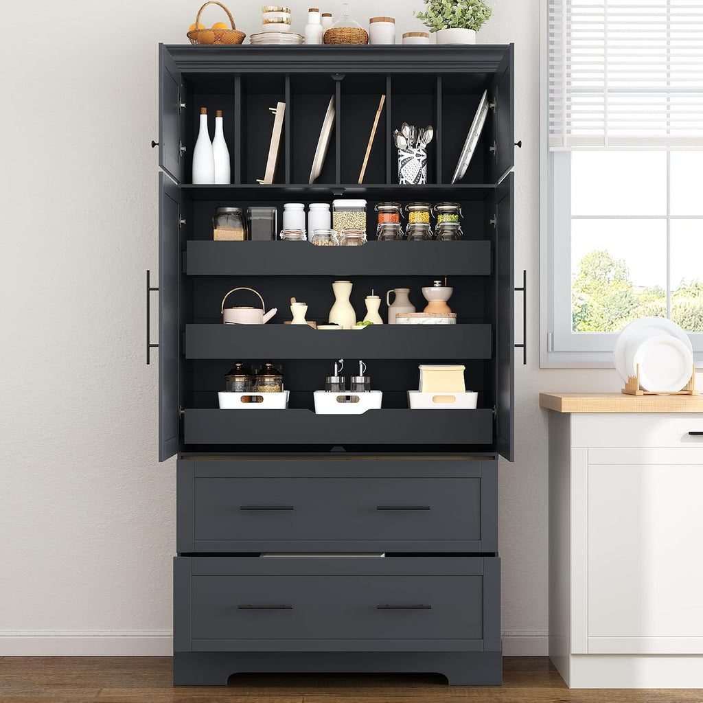 Freestanding Kitchen Pantry Storage Cabinet, 72.6''H Tall Wooden Kitchen Organizers with 2 Doors, Pull-Out Trays, 2 Drawers and Cake Pan Storage for Dining Room Living Room (Grey-1.12)