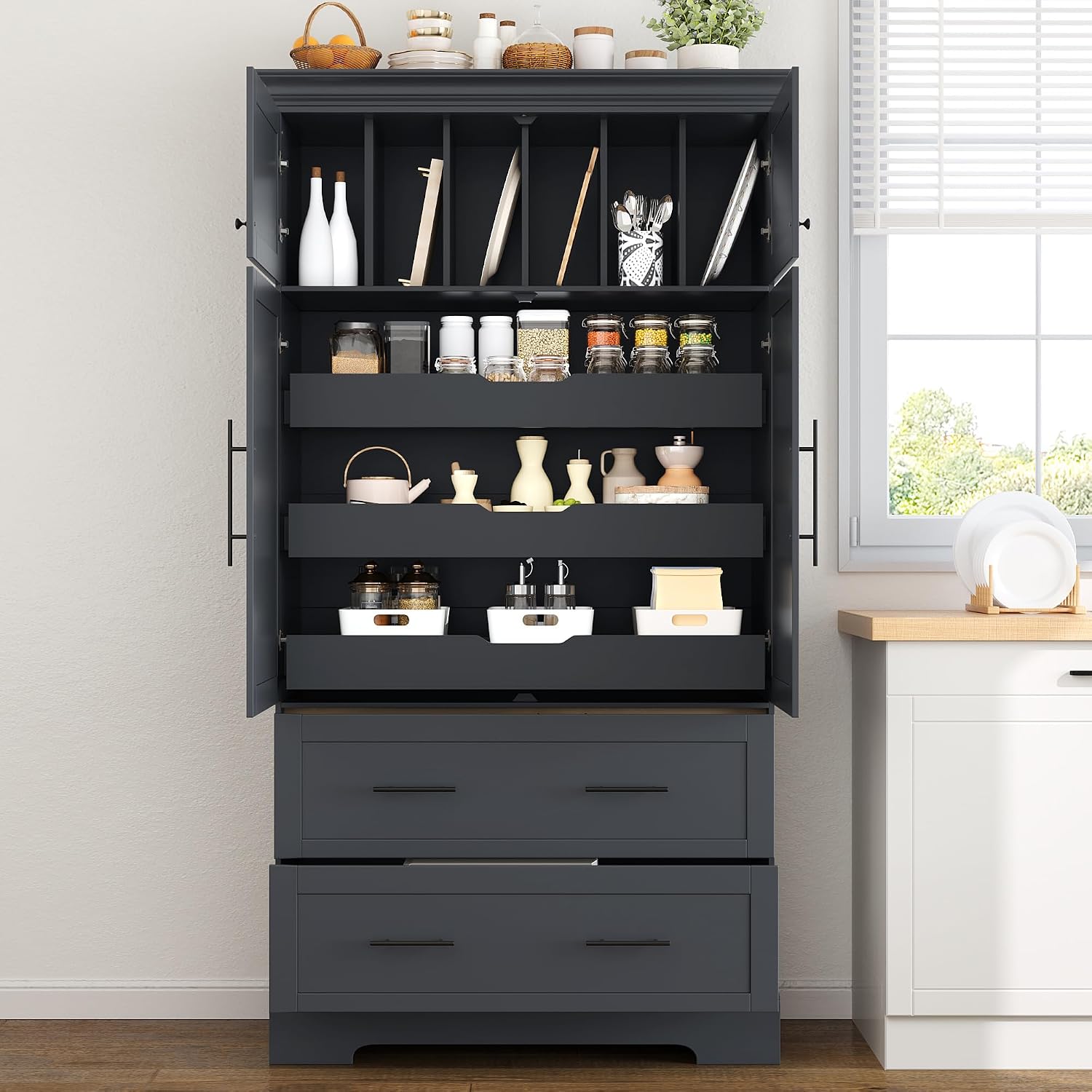 Freestanding Kitchen Pantry Storage Cabinet, 72.6''H Tall Wooden Kitchen Organizers with 2 Doors, Pull-Out Trays, 2 Drawers and Cake Pan Storage for Dining Room Living Room (Grey-1.12)