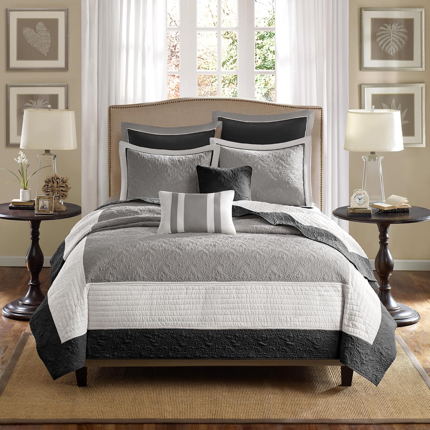 Madison Park Attingham Reversible Quilt Set - All Season Breathable Coverlet, Lightweight Cozy Bedding Layers, Matching Shams, Full/Queen(90'x90'), Black Multi 7 Piece