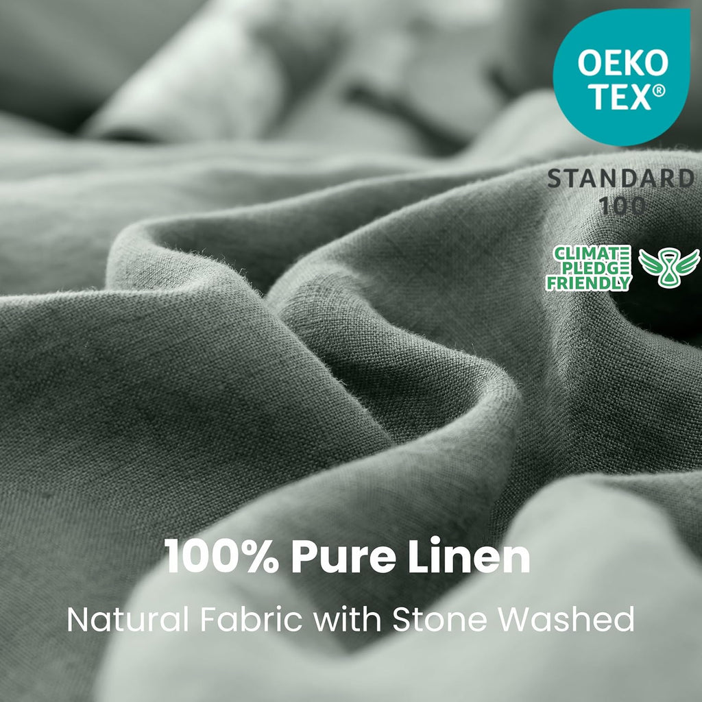 Simple&Opulence 100% Linen Duvet Cover Set 3pcs with Coconut Button Closure Natural French Washed Flax Solid Color Soft Breathable Farmhouse Bedding - Cushing Green, Queen Size