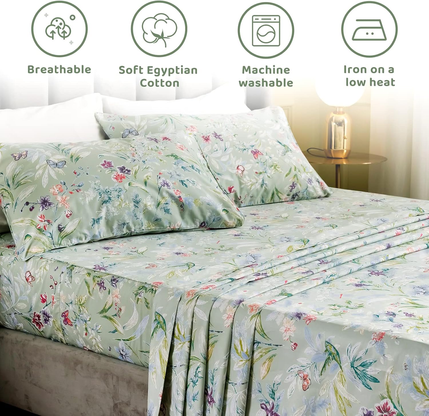 QSH Floral King Size Sheet Sets - Green Flower Bird Butterfly Print Botanical Bedding Egyptian Cotton Printed Sheets King Size Bed Extra Soft and Breathable 17.5' Deep Pockets Bed Sheets 4pcs