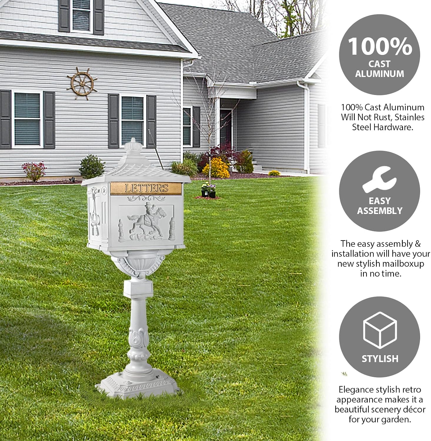 Polar Aurora Mailbox Cast Aluminum White Mail Box Postal Box Security Heavy Duty New