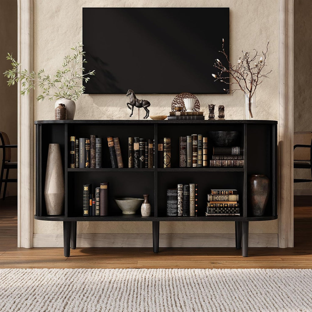 ONBRILL 55' Buffet Sideboard Cabinet with Sliding Doors, Mid-Century Modern Sideboard Buffet Cabinet with Storage & Adjustable Shelves, Accent Coffee Bar Console Table for Kitchen, Entryway, Black